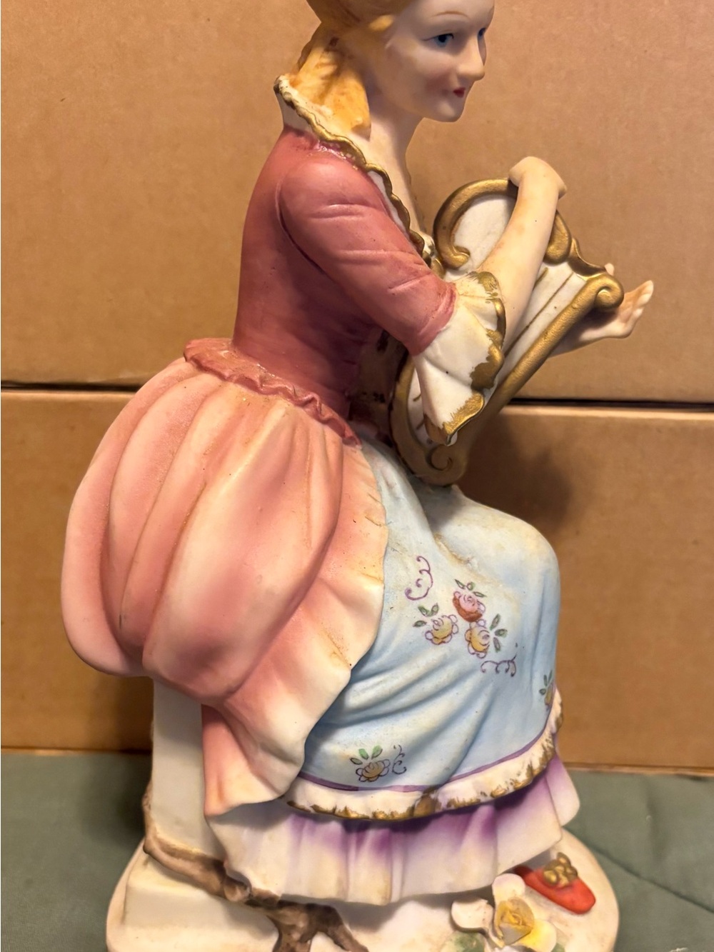 Porcelain Figurine Lady Statue in Pink and Blue with Gold Accents